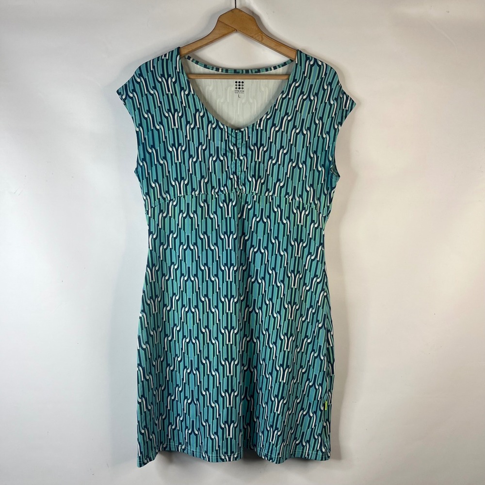 Title Nine Athletic Dress Women Large Teal Geometric V-Neck Cap Sleeve Pocket